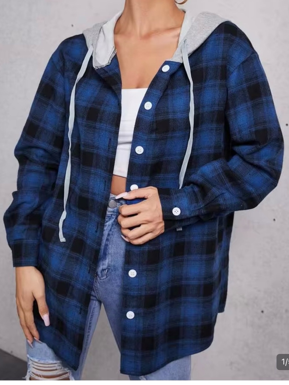 SHEIN Blue & Black Plaid Hooded Button-Front Jacket